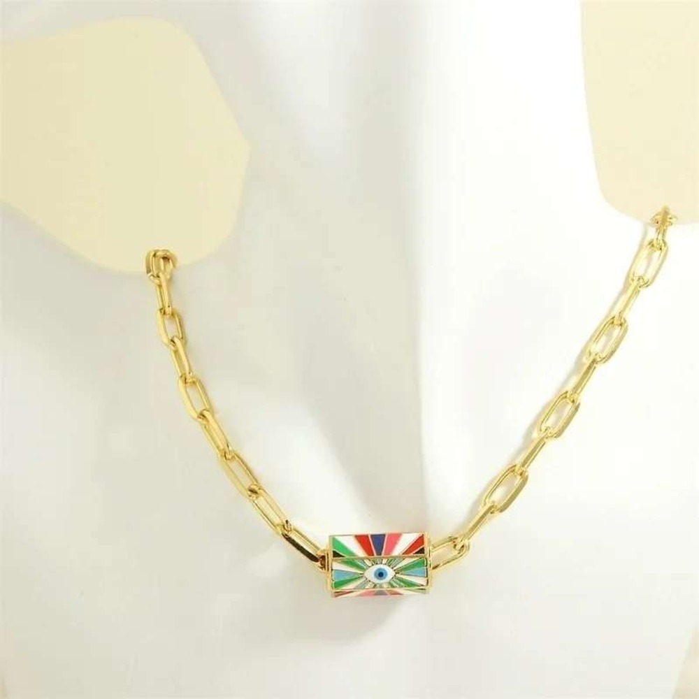 18k Gold Plated Paperclip Chain Necklace Evil Eye Enamel Colorful Sunburst